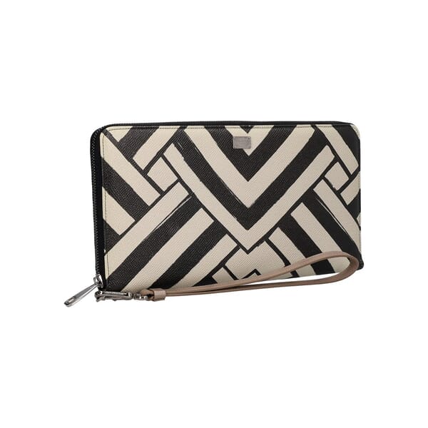 Leather Geometric Print Zip Around Organizer Beige/Black