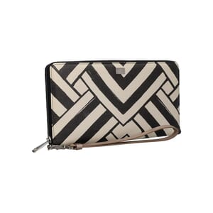 Leather Geometric Print Zip Around Organizer Beige/Black, view 2