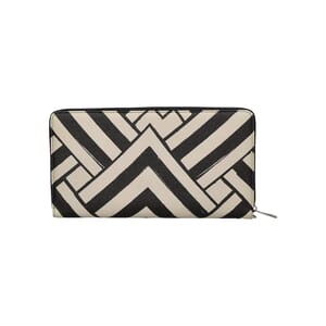 Leather Geometric Print Zip Around Organizer Beige/Black, view 3