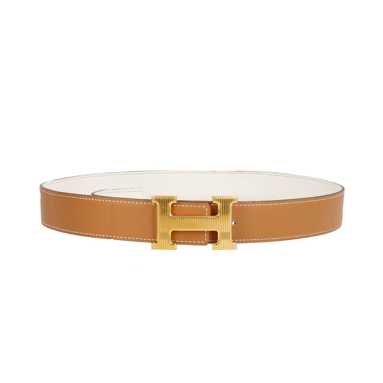 Leather H Guillochee Belt Buckle Reversible Belt Gold/White - S: 85 (34)