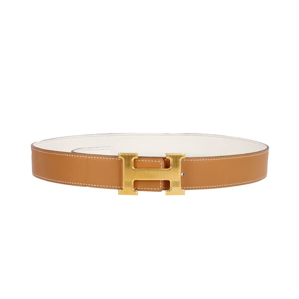 Leather H Guillochee Belt Buckle Reversible Belt Gold/White - S: 85 (34)