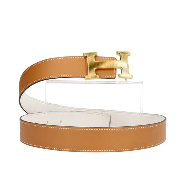 Leather H Guillochee Belt Buckle Reversible Belt Gold/White - S: 85 (34)