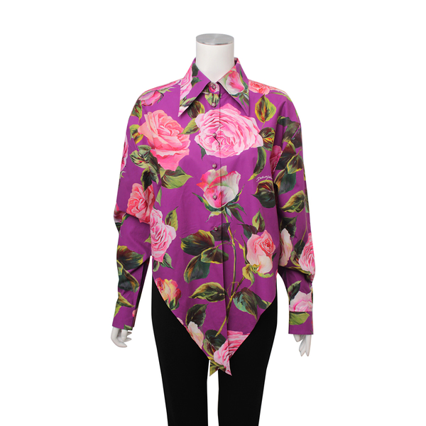 Cotton Pussy-Bow Shirt Rose Print