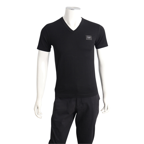 Cotton V-Neck Logo Plate T-Shirt Black