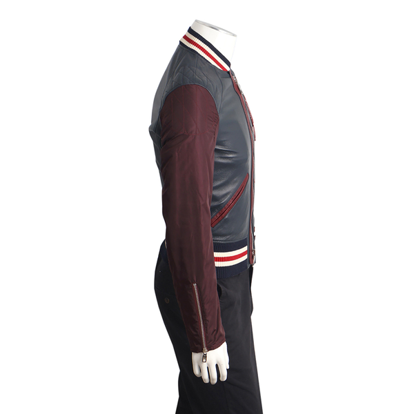 Nylon/Leather Bomber Jacket Navy/Burgundy