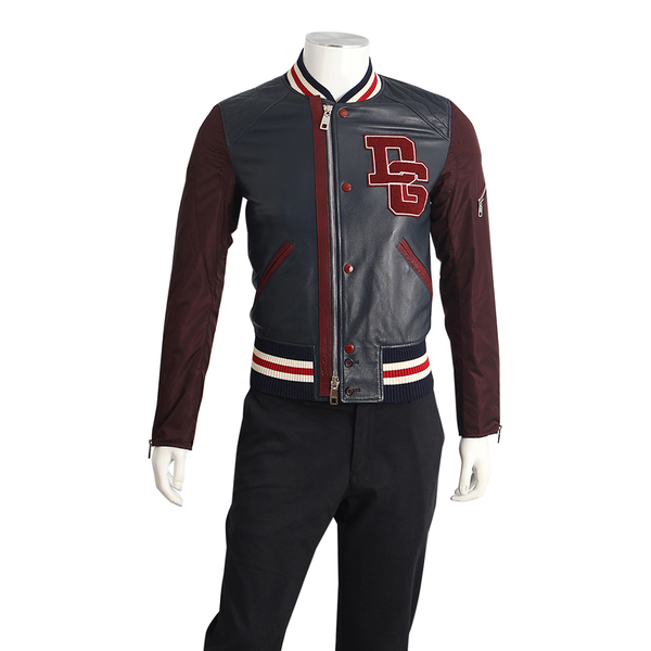 Nylon/Leather Bomber Jacket Navy/Burgundy