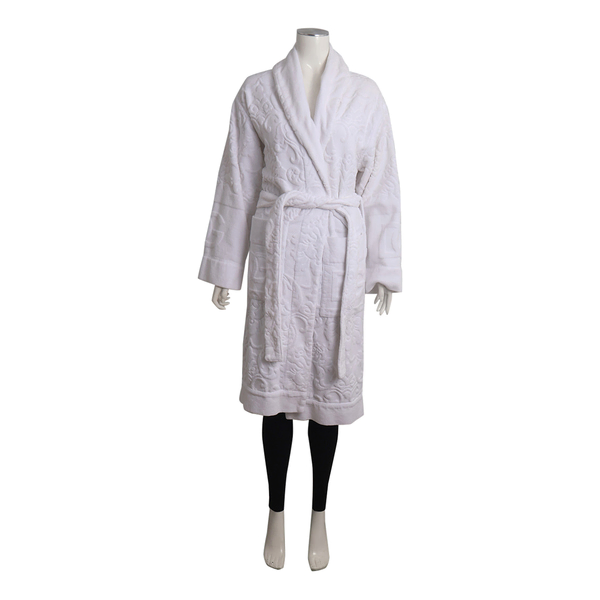 Casa Cotton Terry Embossed Floral Bathrobe White