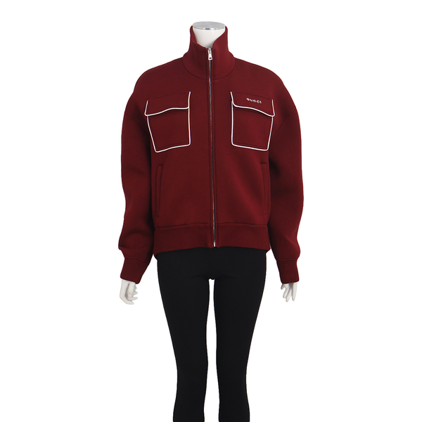 Viscose Patch Pockets Zip Up Jacket Burgundy