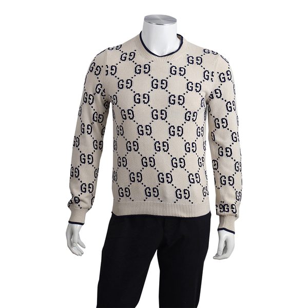 Cotton GG Knit Sweater Ivory/Blue