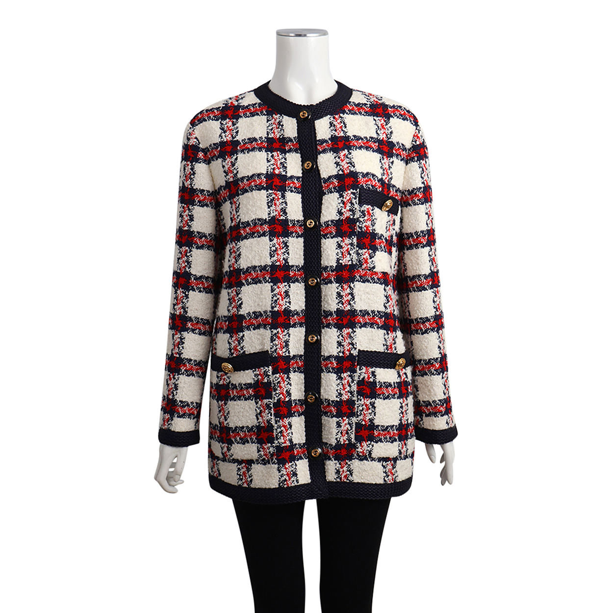 Tweed GG Button Checked Coat Navy/White