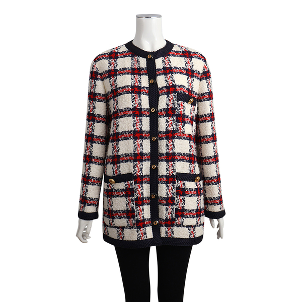 Tweed GG Button Checked Coat Navy/White