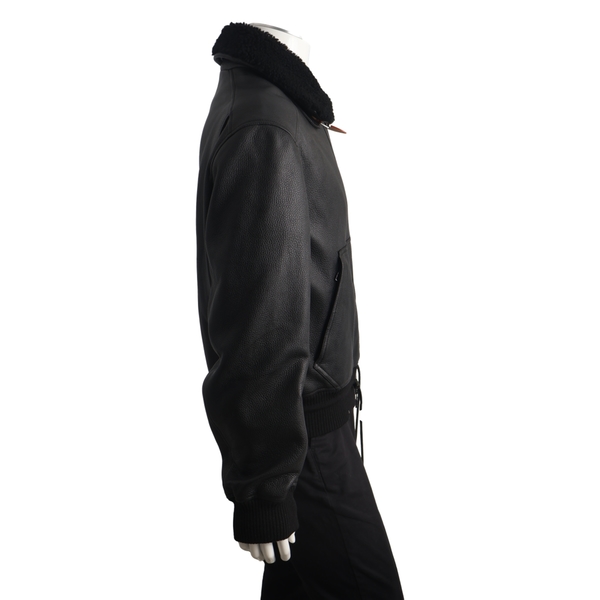 Leather Aviator Shearling Collar Jacket Black