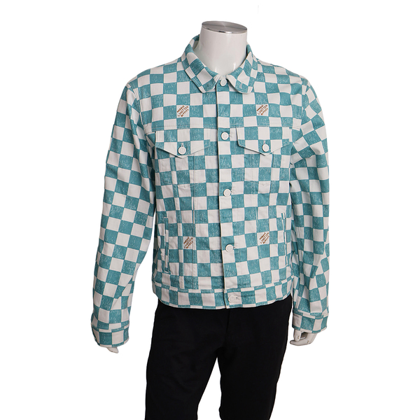 Cotton Giant Damier Trucker Denim Jacket Turquoise/White