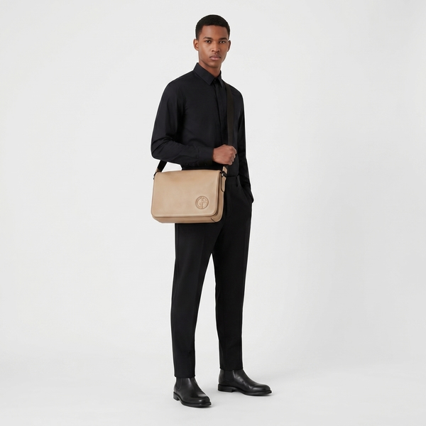 Leather Crossbody Messenger Bag Beige