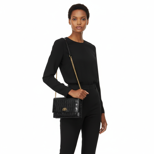 Croc Embossed Small Sharp Shoulder Bag Black