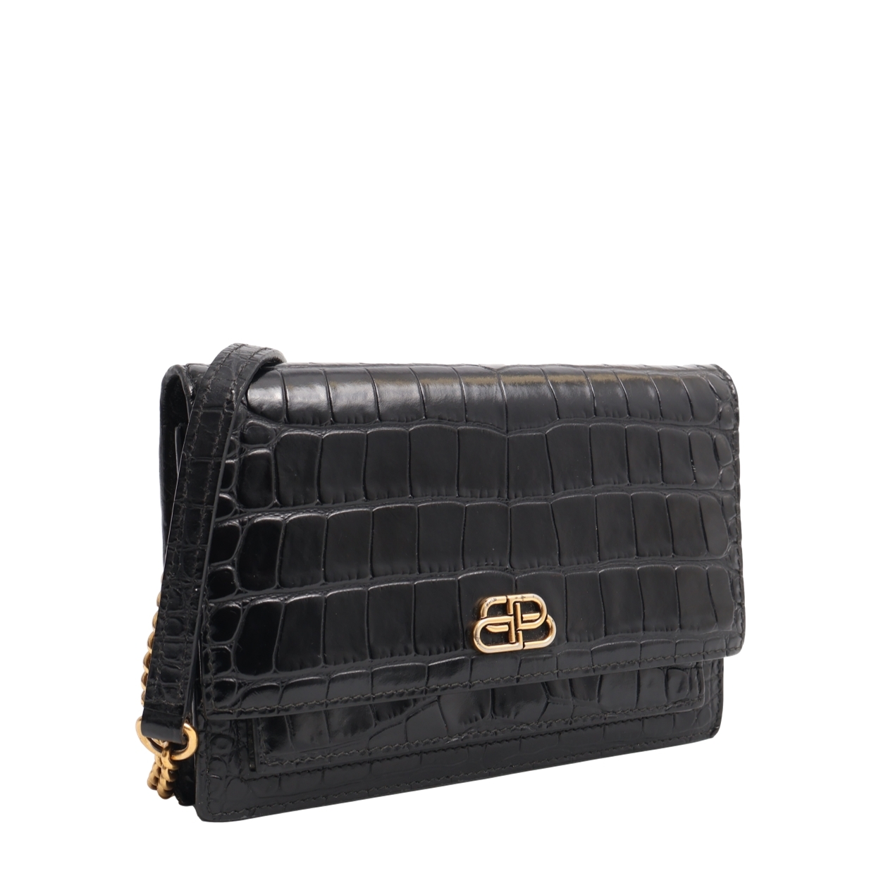 BALENCIAGA Croc Embossed Small Sharp Shoulder Bag Black | Luxity