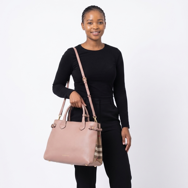 Leather/Check Banner Tote Beige