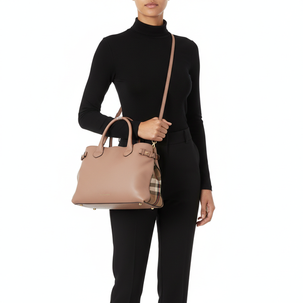 Leather/Check Banner Tote Beige