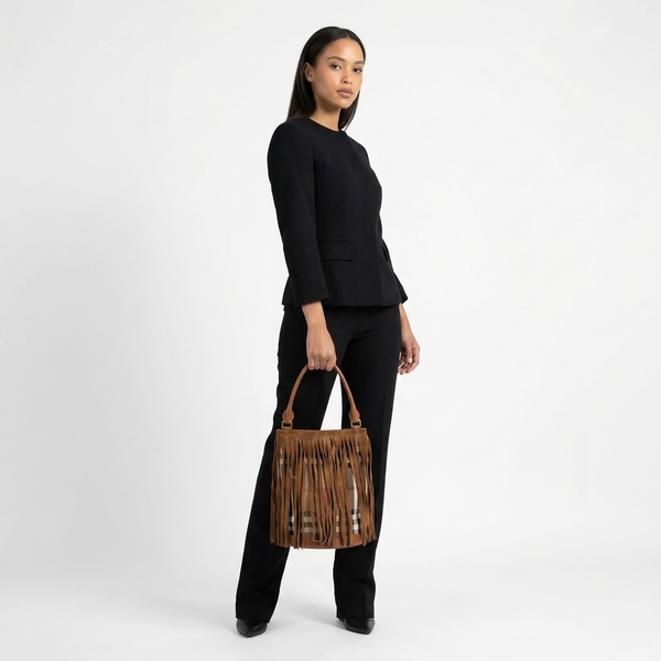 Suede/Canvas Check Tassel Bucket Bag Brown