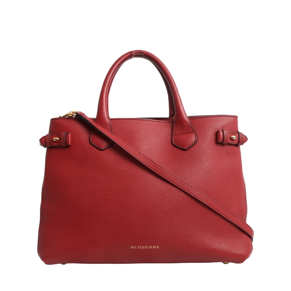Leather/Canvas Check Medium Banner Tote Red
