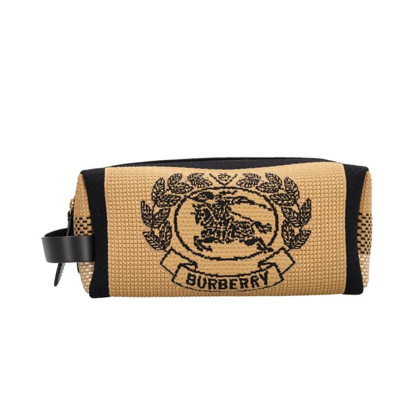 Mixed Material/Knit Toiletry Pouch Beige/Black