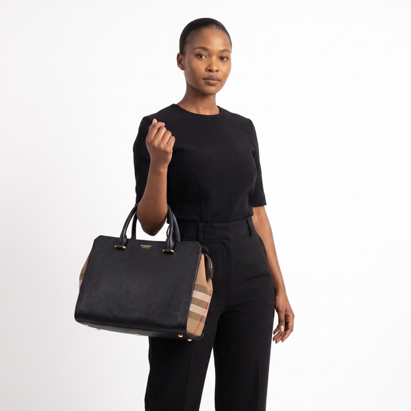Leather/Canvas Check Banwell Small Tote Black/Beige