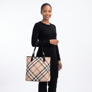 Coated Canvas Supernova Check Shopper Tote Beige/Black, view 8
