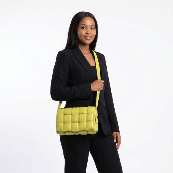 Leather Intreccio Padded Cassette Shoulder Bag Lime