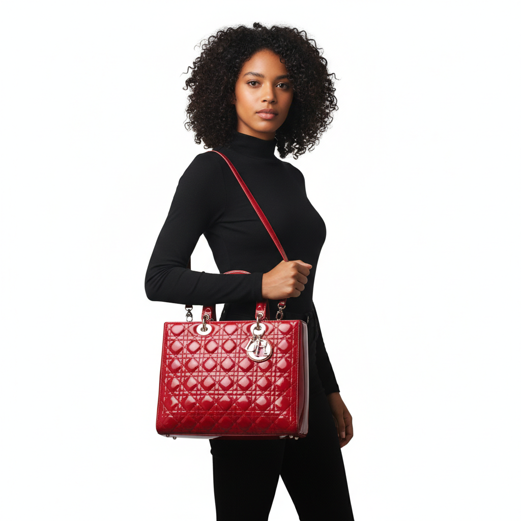 ら*送様 Christian Dior CHRISTIAN DIOR Patent Cannage Large Lady Dior Tote Cherry Red | Luxity