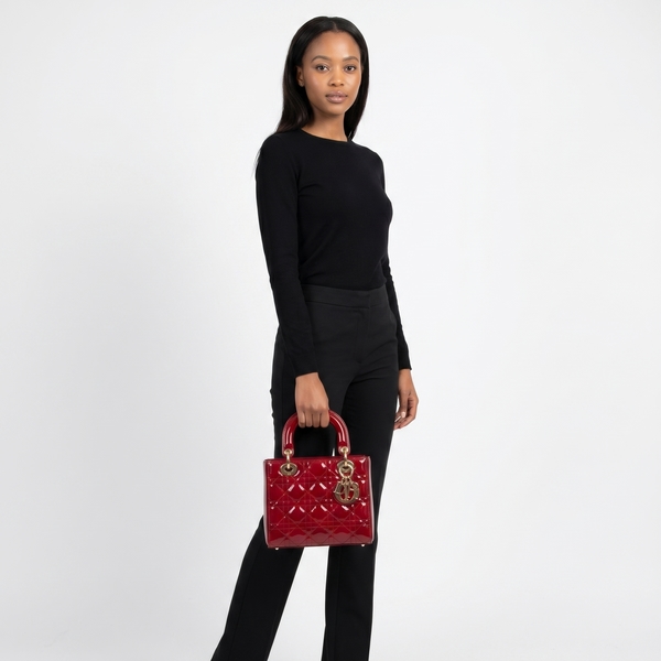 Patent Cannage Small Lady Dior Bag Cherry Red