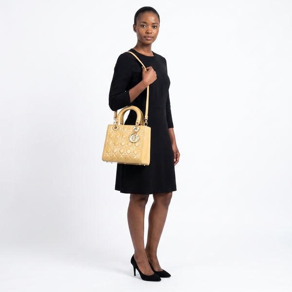 Patent Cannage Medium Lady Dior Tote Mustard