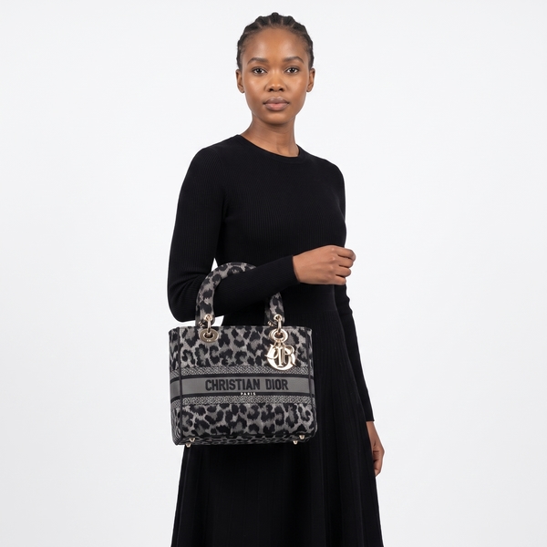 Canvas Leopard Print Lady D-Lite Medium Tote Black/Grey