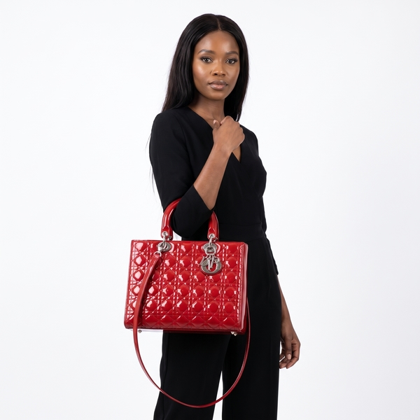 Patent Cannage Large Lady Dior Tote Red