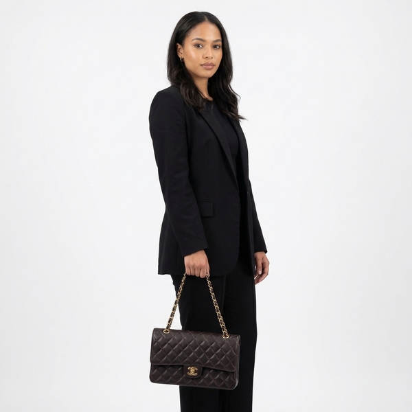 Vintage Quilted Caviar Classic Double Flap Dark Brown