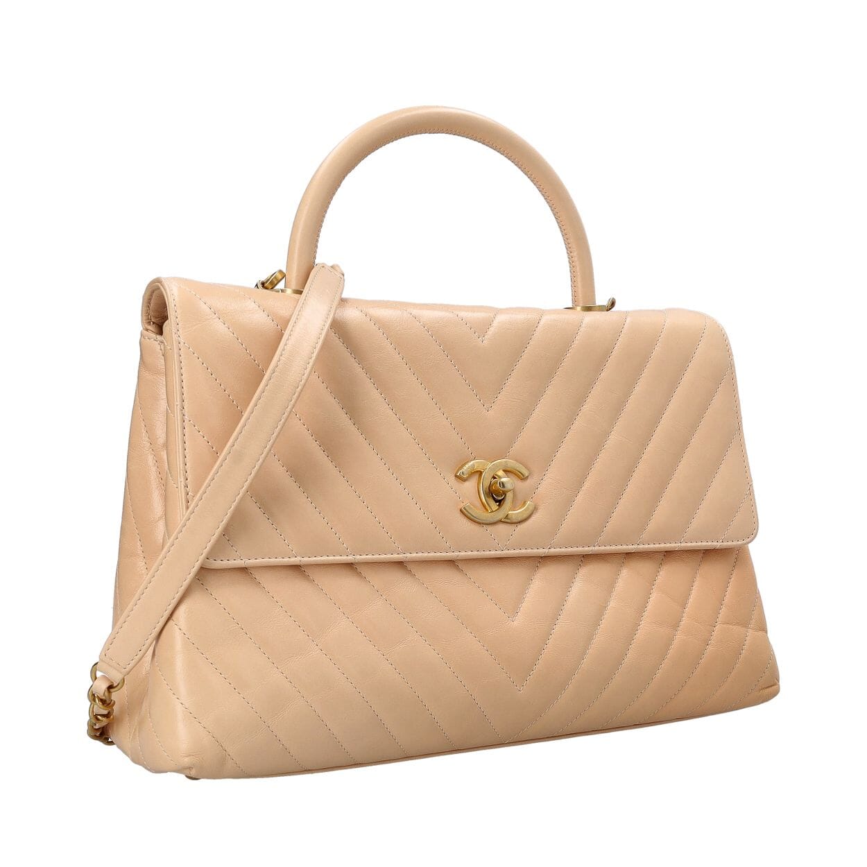 CHANEL Chevron Aged Leather Coco Handle Maxi Bag Beige | Luxity