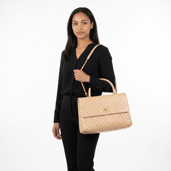 Chevron Aged Leather Coco Handle Maxi Bag Beige