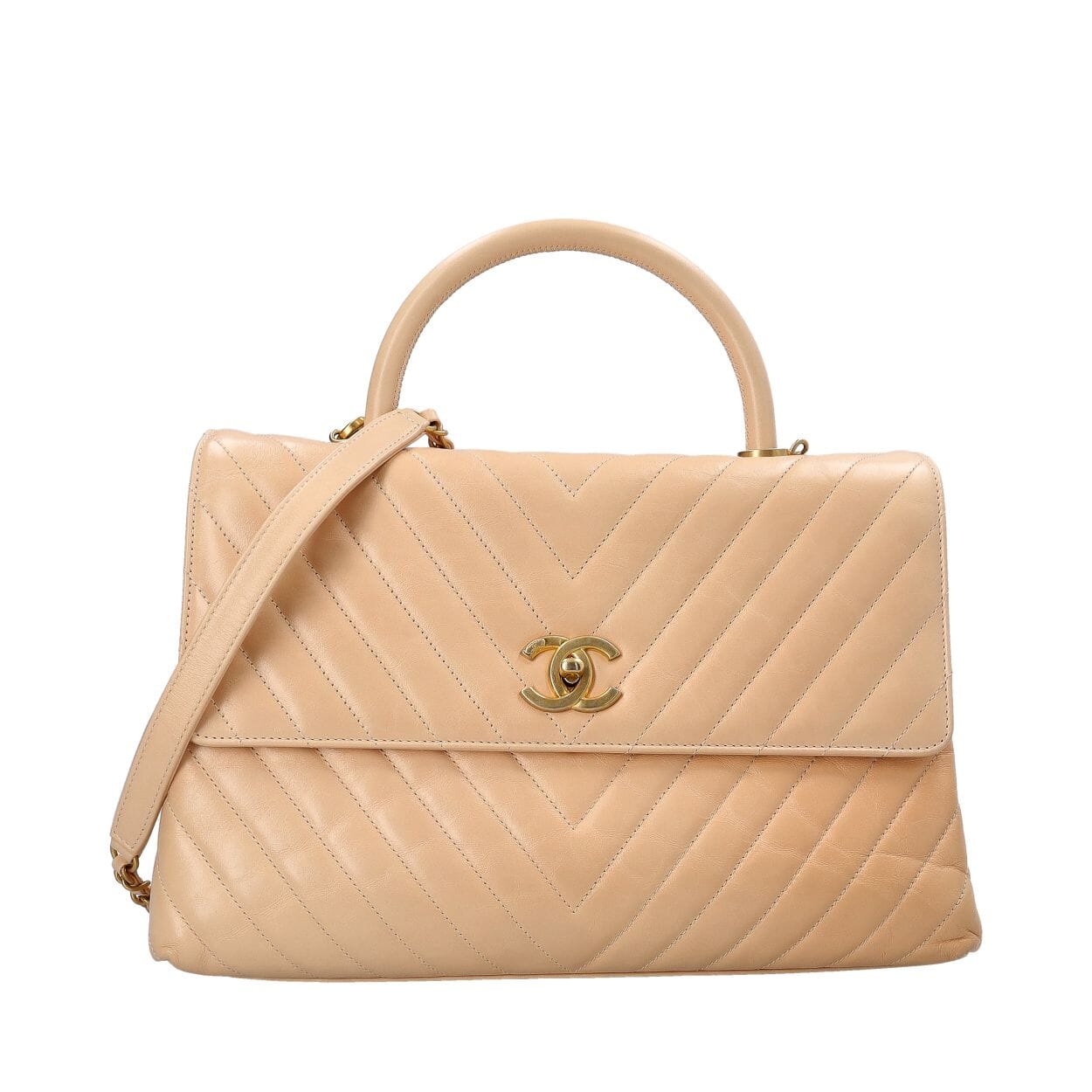 CHANEL Chevron Aged Leather Coco Handle Maxi Bag Beige | Luxity