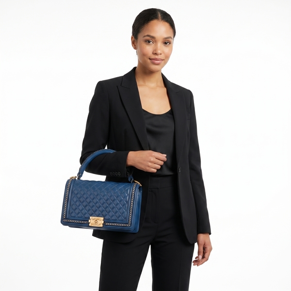 Quilted Calfskin Large Chain Handle Boy Bag Blue
