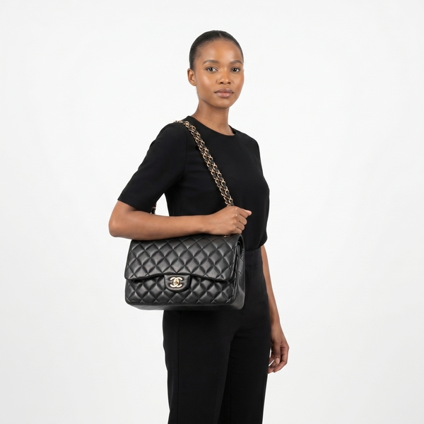 Quilted Lambskin Jumbo Classic Double Flap Bag Black