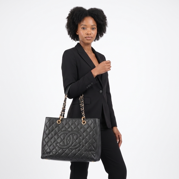 Quilted Caviar Grand Shopping Tote Black