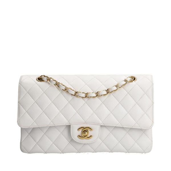 Quilted Caviar Classic Medium Double Flap Bag White