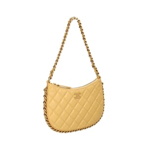 Quilted Leather Chain Around Hobo Bag Yellow, view 2