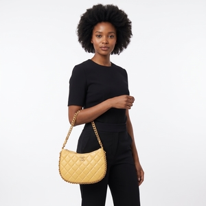 Quilted Leather Chain Around Hobo Bag Yellow, view 9