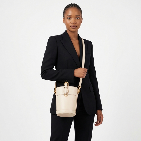 Leather/Canvas Capri Bucket Bag Beige