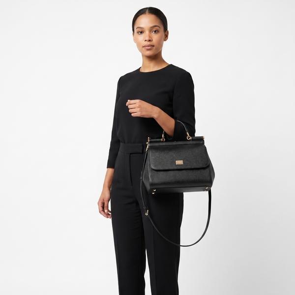 Leather Large Sicily Shoulder Bag Black