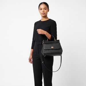 Leather Large Sicily Shoulder Bag Black, view 8
