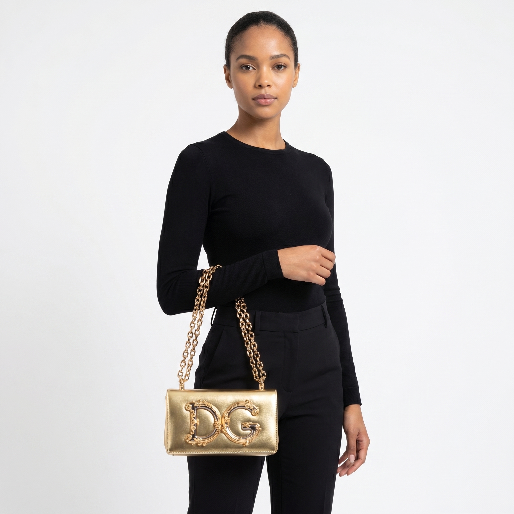 DOLCE & GABBANA Metallic Leather DG Girls Small Shoulder Bag Gold