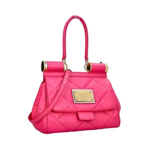 Leather Quilted Miss Sicily Medium Top Handle Bag Fuchsia, view 3