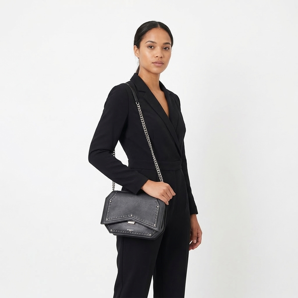 Leather Studded Chain Flap Bag/Clutch Black