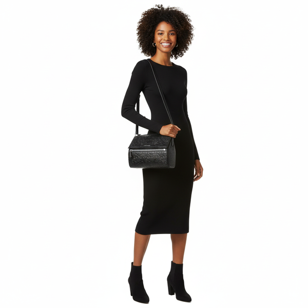 Embossed Leather Medium Pandora Box Bag Black